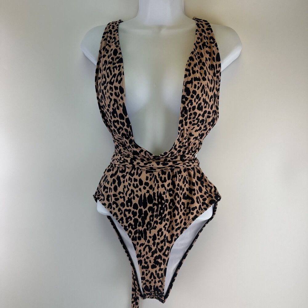 Bellanblue Swimsuit Plunging V Front Wrap Ties Leopard Print Peach Hi Cut Large - Picture 2 of 12